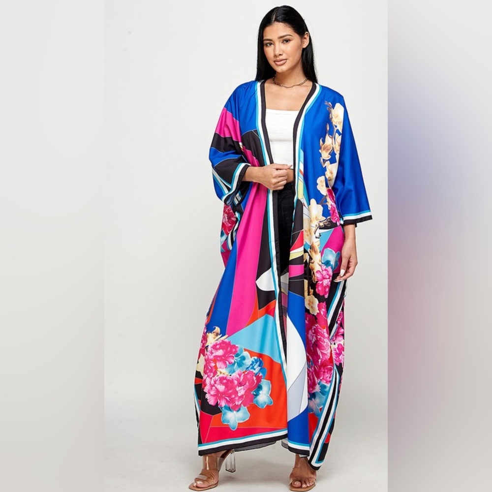 Women’s Floral Elegant multi color long Kimono. Sizes S, M, L - Picture 3 of 4